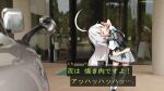  1girl ;d ahoge apron back_bow black_apron black_bow blush bow bowtie checkered_bow checkered_bowtie checkered_clothes checkered_skirt commentary_request foot_out_of_frame frilled_apron frilled_skirt frills from_behind green_eyes grey_hair haiyore!_nyaruko-san hand_up huge_ahoge kamen_rider kamen_rider_build_(series) leaning_back long_hair looking_at_viewer looking_back miniskirt nyarlathotep_(nyaruko-san) one_eye_closed open_mouth outdoors parody photo_background puffy_short_sleeves puffy_sleeves ribbon shirt short_sleeves skirt smile solo translation_request very_long_hair white_ribbon white_shirt yuto_(dialique) zettai_ryouiki 