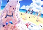  6+girls :d absurdres abydos_high_school_swimsuit ahoge animal_ears aqua_halo ass ayane_(blue_archive) ayane_(swimsuit)_(blue_archive) backlighting bare_back beach bikini black_bikini black_hair blue-tinted_eyewear blue_archive blue_eyes blue_sky blurry breasts cat_ears cat_girl cleavage cloud cloudy_sky collarbone commentary_request demon_girl demon_horns depth_of_field eyewear_on_head foreclosure_task_force_(blue_archive) forehead frilled_bikini frills green_eyes green_halo grey_hair hair_between_eyes hair_bobbles hair_ornament hairclip halo head_tilt headpat heterochromia highres hina_(blue_archive) hina_(swimsuit)_(blue_archive) horizon horns hoshino_(blue_archive) hoshino_(swimsuit)_(blue_archive) lap_pillow long_hair long_sleeves looking_at_another looking_at_viewer low_ponytail low_twintails lying lying_on_person multiple_girls name_tag navel nonomi_(blue_archive) nonomi_(swimsuit)_(blue_archive) not_seven777 ocean official_alternate_costume official_alternate_hairstyle old_school_swimsuit on_side open_clothes open_shirt outdoors parted_bangs pink_hair pointy_ears ponytail purple_eyes red_halo sandals school_swimsuit serika_(blue_archive) serika_(swimsuit)_(blue_archive) shiroko_(blue_archive) shiroko_(swimsuit)_(blue_archive) shirt sidelocks sky smile spaghetti_strap stomach striped_bikini striped_clothes sunglasses swimsuit tinted_eyewear twintails v wavy_hair whistle whistle_around_neck white_hair white_innertube white_shirt wolf_ears wolf_girl yellow_bikini 