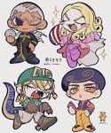  4boys :3 afro american_flag argyle_clothes argyle_sweater black_eyes black_hair blonde_hair boots brown_boots brown_gloves buzz_cut cassock cd cellphone chibi chibi_only clawed_gauntlets closed_eyes coat commentary_request curly_hair dark-skinned_male dark_skin diego_brando dinosaur_tail enrico_pucci fangs funny_valentine gloves green_helmet green_sweater grey_hair grey_pants hand_on_own_hip helmet highres holding holding_cd holding_phone jodhpurs jojo_no_kimyou_na_bouken jojolion long_coat long_hair long_sleeves male_focus multiple_boys naru_tomaki one_eye_closed open_mouth orange_eyes pants phone pink_coat pink_pants pink_shirt priest scary_monsters_(stand) shirt short_hair smartphone smile sparkle spurs stand_(jojo) steel_ball_run stone_ocean sweater tail teddy_bear_ornament tooru_(jojolion) turtleneck turtleneck_sweater very_short_hair white_hair yellow_pants 