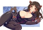 1girl animal_ears black_hair breasts brown_eyes catsuit cleavage hand_on_own_thigh hippopotamus_(kemono_friends) hippopotamus_ears kemono_friends large_breasts long_hair looking_at_viewer lying ma_(aineko) multicolored_hair on_side open_mouth popped_collar red_hair skin_tight smile solo tareme thighs 