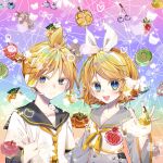  1boy 1girl black_sailor_collar blonde_hair blue_eyes blush bow detached_sleeves grey_sailor_collar hair_bow hair_ornament hairclip headset highres kagamine_len kagamine_len_(vocaloid4) kagamine_rin kagamine_rin_(vocaloid4) looking_at_viewer loose_necktie necktie nounonovember open_mouth ponytail sailor_collar shirt short_hair short_ponytail short_sleeves smile teeth upper_teeth_only v4x vocaloid waving white_shirt yellow_necktie 
