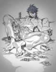  1boy absurdres arisugawa_dice ashtray barefoot can card cigarette denim greyscale hair_over_one_eye highres hypnosis_mic jeans long_hair male_focus monochrome navel nipples pants pillow playing_card red_eyes shirtless solo tsubasa_(artist) 