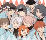  2girls 6+boys ahoge black_kimono blue_eyes blue_haori blush brown_eyes brown_hair closed_eyes fate/grand_order fate_(series) fujimaru_ritsuka_(female) grey_hair haori harada_sanosuke_(fate) headband highres hijikata_toshizou_(fate) hug japanese_clothes kimono kondou_isami_(fate) long_hair multiple_boys multiple_girls nagakura_shinpachi_(fate) okita_souji_(fate) open_mouth orange_hair pink_hair ponytail saitou_hajime_(fate) scar scar_on_cheek scar_on_face scar_on_forehead scar_on_mouth shinsengumi_(fate) short_hair smile tearing_up toudou_heisuke_(fate) yamanami_keisuke_(fate) you_(0_5rudo) 