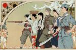  3boys 3girls ammunition_pouch bandana basket basket_on_head beret binoculars bird black_hair blue_vest breeches brown_hair brown_pants brown_vest dadao_sword dark_skin earrings english_commentary feet_out_of_frame floral_print flower garrison_cap green_jacket grey_jacket grey_pants guerrilla gun hair_flower hair_ornament hand_on_own_hip hat highres holding holding_basket holding_gun holding_sword holding_weapon jacket jewelry korean_clothes long_hair ludanling m1_garand medal military_uniform multiple_boys multiple_girls national_revolutionary_army neckerchief original pants pants_tucked_in pigeon pouch red_neckerchief red_skirt red_sun rifle second_sino-japanese_war serious shirt short_hair skirt soldier soviet_army star_(symbol) sunflower sword twintails vest weapon white_bandana white_neckerchief white_shirt 