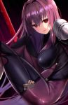  :d bodysuit breasts commentary_request covered_navel dark_background fate/grand_order fate_(series) gae_bolg hair_intakes highres holding_leg large_breasts leg_up leotard long_hair looking_at_viewer open_mouth pauldrons polearm purple_bodysuit purple_hair purple_leotard red_eyes scathach_(fate)_(all) scathach_(fate/grand_order) shoulder_armor sitting smile spear untsue weapon 