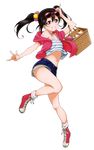  basket black_hair blue_shorts denim denim_shorts eyewear_on_head full_body grin hair_ornament highres jacket long_hair love_live! love_live!_school_idol_project midriff navel open_clothes open_jacket red_eyes red_jacket shirt short_shorts shorts smile solo striped striped_shirt sunglasses transparent_background twintails yazawa_nico 