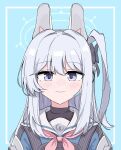  1girl absurdres animal_ears blue_archive blue_background blue_shirt blush commentary fake_animal_ears grey_hair halo highres light_smile long_hair looking_at_viewer miyako_(blue_archive) neckerchief one_side_up pink_neckerchief purple_eyes r_qr rabbit_ear_headwear rabbit_ears sailor_collar school_uniform serafuku shirt solo undershirt upper_body white_sailor_collar 