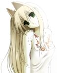  1girl 2000s_(style) annika_(salvika) blonde_hair bloodshot_eyes breasts cleavage closed_mouth faux_retro_artstyle green_eyes guro hair_ears hair_intakes highres long_hair maggot mismatched_pupils ponymoe rotting salvika shirt solo zombie 