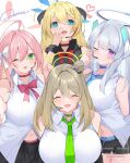  4girls absurdres ahoge akari_(blue_archive) belt_collar black_horns black_shirt black_shorts blonde_hair blue_archive blue_halo blue_necktie bow bowtie breasts closed_eyes collar demon_horns earpiece green_eyes green_halo hair_bow hair_bun halo hanako_(blue_archive) headgear highres horns large_breasts long_hair looking_at_viewer mechanical_halo mk_iii_jam multiple_girls necktie noa_(blue_archive) nonomi_(blue_archive) one_eye_closed pink_hair pink_halo pink_pupils shirt shorts single_side_bun sleeveless sleeveless_shirt smile white_bow white_hair white_halo white_shirt yellow_necktie 