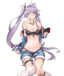  1girl absurdres ahoge azur_lane black_bikini_bottom black_bikini_top black_gloves blue_eyes book breasts cleavage collarbone denim denim_shorts erect_nipples eyebrows_visible_through_hair garter_straps gloves hair_ornament heart heart-shaped_pupils highres jacket knees_together lavender_hair long_hair looking_at_viewer medium_breasts midriff mouth_hold narakuuu navel notebook off_shoulder ponytail portland_(azur_lane) short_shorts shorts simple_background sitting skindentation solo strap_slip symbol-shaped_pupils thigh_strap thighhighs white_background white_legwear 