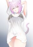  1girl absurdres ahoge alternate_breast_size_(larger) alternate_costume animal_ear_fluff animal_ears arm_behind_head arms_up black_bra black_panties bra bra_visible_through_clothes breasts cat_ears cat_girl cat_tail commentary cowboy_shot crossed_bangs forge_saikyo hair_between_eyes highres hololive large_breasts looking_at_viewer medium_hair nekomata_okayu open_mouth oversized_clothes oversized_shirt panties panties_visible_through_clothes purple_eyes purple_hair purple_tail see-through_silhouette shirt short_sleeves simple_background solo squeans tail thighs underwear virtual_youtuber white_shirt 