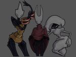 2025 arthropod black_arms black_body black_exoskeleton black_face black_fingers black_hands black_legs cloak cloak_lift cloak_only clothing exoskeleton featureless_crotch front_view group hi_res hollow_knight:_silksong hollow_knight_(franchise) hornet_(hollow_knight) kaiartis lace_(hollow_knight:_silksong) presenting red_cloak red_clothing shakra_(hollow_knight:_silksong) team_cherry trio white_head yellow_body
