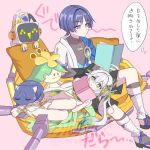  1boy 1girl animalization anklet aranara_(genshin_impact) armlet armor black_bodysuit black_bridal_gauntlets black_cat black_sandals black_shorts bloomers blue_cape blue_gemstone blue_kimono blue_sleeves blunt_ends bodysuit book bridal_gauntlets bright_pupils cape caramelo_game cat character_request closed_mouth colored_tips cross-shaped_pupils detached_sleeves dress expressionless eyeliner eyeshadow gem genshin_impact gold gold_ring gold_trim green_cape green_eyes green_gemstone green_hair green_sleeves hair_between_eyes hair_ornament hakama hakama_shorts half_crown_braid highres holding holding_book japanese_armor japanese_clothes jewelry juban kimono kote kurokote lap_pillow layered_sleeves leaf leaf_hair_ornament leg_warmers long_hair looking_at_another looking_to_the_side lying lying_on_person makeup mandarin_collar mechanical_hands middle_ring multicolored_hair nahida_(genshin_impact) on_side open_book open_clothes open_kimono person_and_animalization pillow pink_background pleated_shorts pointy_ears pom_pom_(clothes) purple_eyes purple_hair purple_rope red_eyeliner red_eyeshadow robot rope sandals scaramouche_(cat)_(genshin_impact) scaramouche_(genshin_impact) short_sleeves shorts shoulder_peek side_ponytail sidelocks sitting socks speech_bubble stirrup_footwear stirrup_legwear symbol-shaped_pupils toeless_legwear toes translation_request wanderer_(genshin_impact) white_bloomers white_dress white_hair white_kimono white_leg_warmers white_pupils white_sleeves white_socks yellow_pupils zouri 