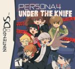 3boys 4girls amagi_yukiko atlus black-framed_eyewear black_hair black_jacket black_pants blonde_hair blue-framed_eyewear blue_hair brown_eyes brown_hair caution_tape chou_shittou_caduceus closed_mouth collared_shirt copyright_name derivative_work esrb glasses green_jacket grey_eyes grey_hair hanamura_yousuke hand_fan handheld_game_console hat holding holding_fan jacket keep_out kujikawa_rise long_hair long_sleeves looking_at_viewer multiple_boys multiple_girls narukami_yu nintendo_ds open_mouth orange-framed_eyewear pants paper_fan persona persona_4 pink-framed_eyewear red-framed_eyewear sasibowol satonaka_chie shirogane_naoto shirt short_hair smile tatsumi_kanji twintails video_game_cover_redraw white_shirt yellow-framed_eyewear 