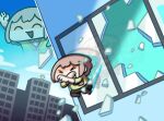  >_< 1girl ^_^ absurdres arm_up autodefenestration broken_window brown_hair building closed_eyes harusaki_nodoka highres hololive id_card keenbiscuit solo window x_arms 