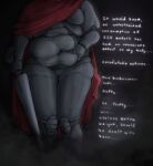 2025 arthropod belly belly_grab black_body breasts cloak clothed clothing english_text faceless_character faceless_female female hi_res holding_object holding_weapon hollow_knight_(franchise) hornet_(hollow_knight) insect nail_(weapon) navel overweight overweight_female radio-anamoly red_cloak red_clothing solo team_cherry text weapon weight_conscious