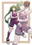  1girl ahoge ball basketball basketball_(object) basketball_jersey basketball_shorts basketball_uniform bike_shorts bike_shorts_under_shorts blue_eyes blunt_bangs braid character_name green_hair highres kantai_collection ld_(luna_dial398) long_hair mole mole_under_mouth multiple_views playing_games purple_shirt purple_shorts purple_socks shirt shoes shorts single_braid sleeveless sleeveless_shirt socks sportswear white_shoes yuugumo_(kancolle) zoom_layer 