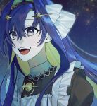  1girl :d apron black_dress blonde_hair blue_eyes blue_hair colored_inner_hair dress frilled_apron frills hair_between_eyes hair_intakes hair_ornament long_hair multicolored_hair niv_cm open_mouth portrait reverse:1999 school_uniform smile solo soviet_school_uniform star_(sky) star_(symbol) star_hair_ornament starry_sky_background teeth tongue upper_teeth_only very_long_hair voyager_(reverse:1999) white_apron 