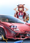  1girl absurdres animal_ears arms_behind_head arms_up bag blue_eyes bow breasts brown_hair car car_crash carrot crying dress dropped_object dropping ear_bow green_eyes hair_between_eyes highres horse_ears horse_girl lamborghini lamborghini_countach long_hair manjo_(warito) maruzensky_(casual)_(umamusume) maruzensky_(umamusume) motor_vehicle open_mouth parking_ticket red_sweater road_sign shopping_bag sign sleeveless sleeveless_dress solo sports_car sweater sweater_around_neck tears teeth umamusume very_long_hair wheel_clamp white_dress 