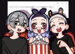  1boy 2girls :3 absurdres andii_(anzai_teachco) animal_ear_hairband animal_ears bare_shoulders belle_(zenless_zone_zero) black_shirt blue_hair blush center_frills closed_eyes commentary_request couch dark_background fake_animal_ears food frills grey_hair hair_between_eyes hairband hat hat_with_ears highres lazy_eye long_hair looking_at_another looking_to_the_side mole mole_under_eye multiple_girls on_couch open_mouth pointing pointy_ears popcorn purple_hair purple_hairband rabbit_ear_hairband rabbit_ears red_couch red_eyes shirt short_hair sleeveless sleeveless_shirt teeth upper_teeth_only vivian_banshee white_shirt wise_(zenless_zone_zero) zenless_zone_zero 