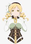  1girl absurdres beret black_hat blonde_hair breasts brown_gloves corset detached_sleeves drill_hair fingerless_gloves gloves hat highres large_breasts long_hair looking_at_viewer magical_girl mahou_shoujo_madoka_magica mahou_shoujo_madoka_magica_(anime) smile solo tomoe_mami twin_drills twintails usazirou539 yellow_eyes 