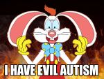 anthro blue_bow_tie blue_eyes blue_sclera bow_(feature) bow_tie buckteeth clothed clothing digital_media_(artwork) disney english_text evil_grin fire freckles fur gloves hair handwear hi_res i_have_evil_autism_(meme) impact_(font) justsomedaxtersimp lagomorph leporid looking_at_viewer male mammal meme meme_pose necktie on_model open_mouth orange_hair pink_inner_ear pink_nose polka_dot_bow_tie polka_dots rabbit red_clothing roger_rabbit simple_background smile solo suspenders tail teeth text tongue toony whiskers white_body white_fur who_framed_roger_rabbit yellow_button yellow_clothing yellow_gloves yellow_handwear
