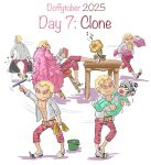  2boys angry blonde_hair book bucket capri_pants carrying carrying_person cleaning clone donquixote_doflamingo earrings empty_eyes english_text hat highres holding holding_book holding_cloth inktober jewelry leg_hair legs_on_table male_focus multiple_boys muscular muscular_male one_piece open_clothes open_shirt pants phonograph running shirt short_hair smile sunglasses table trafalgar_law trash_bag tuquidflamingo white_background white_hat white_shirt 