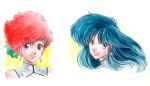  1980s_(style) 2girls blue_hair closed_mouth dirty_pair dokite_tsukasa earrings highres jewelry kei_(dirty_pair) lips long_hair looking_at_viewer multiple_girls red_hair retro_artstyle smile white_background yuri_(dirty_pair) 