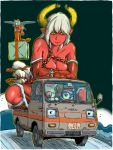  1boy 2girls colored_skin commentary_request cyclops dress giant giantess green_background highres horns kei_truck license_plate motor_vehicle multiple_girls on_truck one-eyed original pickup_truck red_skin santa_costume santa_dress side-view_mirror suzuki_carry truck yabarn 