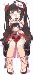  :d bare_shoulders bell black_choker brown_hair butterfly-shaped_pupils character_doll choker criss-cross_halter doll dress flower_tattoo fox_mask full_body gloves half-closed_eyes halterneck highres holding holding_doll honkai:_star_rail honkai_(series) inaririn japanese_clothes kimono looking_at_viewer mark_under_both_eyes mask mask_on_head neck_bell pink_eyes red_dress red_kimono red_sleeves sandals simple_background single_glove sitting smile sparkle_(doll)_(honkai:_star_rail) sparkle_(honkai:_star_rail) symbol-shaped_pupils tattoo twintails white_background 