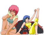  1980s_(style) 2girls blue_hair breasts closed_mouth dirty_pair dokite_tsukasa highres kei_(dirty_pair) long_hair mughi multiple_girls official_art open_mouth red_hair retro_artstyle short_hair simple_background smile white_background yuri_(dirty_pair) 