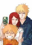  1girl 2boys blonde_hair blue_eyes blue_hoodie breasts child closed_eyes closed_mouth double_v facial_mark family father_and_son gon012607 grin hair_between_eyes hair_ornament hairclip highres holding holding_phone hood hood_down hoodie husband_and_wife light_smile long_hair looking_at_another medium_breasts mother_and_son multiple_boys namikaze_minato naruto_(series) one_eye_closed orange_shirt parted_lips phone red_hair selfie shirt shirt_under_shirt short_hair short_sleeves smile spiked_hair straight_hair swept_bangs taking_picture teeth twitter_username upper_body uzumaki_kushina uzumaki_naruto v whisker_markings white_shirt 