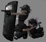  2girls absurdres aiming animal_ears arknights armor ballistic_shield black_gloves black_hat black_horns black_pants black_shirt black_tail blue_hair closed_mouth clothes_writing dated dragon_girl dragon_horns ears_through_headwear english_commentary finger_on_trigger full_body gloves green_eyes grey_background grey_hair gun handgun hat highres holding holding_gun holding_weapon horns jessica_(arknights) knee_pads liskarm_(arknights) multicolored_hair multiple_girls one_eye_covered pants peaked_cap pink_eyes pink_hair pppmepl shield shirt short_hair short_sleeves simple_background strap streaked_hair tail weapon 