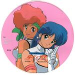  1980s_(style) 2girls blue_hair breasts brown_hair cd closed_mouth dirty_pair dokite_tsukasa earrings gloves green_eyes headband highres jewelry kei_(dirty_pair) long_hair looking_at_viewer multiple_girls official_art open_mouth red_hair retro_artstyle short_hair smile yuri_(dirty_pair) 