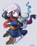  1girl akari_(pokemon) alternate_color belt_pouch black_hair black_sash blue_fur eyelashes galaxy_expedition_team_survey_corps_uniform grey_eyes grey_fur headscarf highres hisuian_zorua holding holding_pokemon jacket long_hair loose_socks open_mouth pantyhose pokemon pokemon_(creature) pokemon_legends:_arceus pouch red_scarf sandora_(karugamo_no_e) sash scarf seiza shiny_pokemon shirt shoes sidelocks sitting socks star_(symbol) sweatdrop white_headscarf white_socks yellow_eyes 