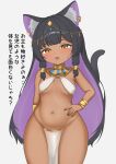  1girl absurdres ancient_egyptian ancient_egyptian_clothes animal_ear_fluff animal_ears bangle bare_shoulders black_hair blush bracelet breasts cat_ears cat_tail colored_inner_hair commentary_request cowboy_shot dark-skinned_female dark_skin fang hand_on_own_hip highres if_you_want_to_become_a_godly_artist_(trend) jewelry long_hair looking_at_viewer multicolored_hair navel open_mouth original purple_hair skin_fang solo stomach sweatdrop tail translation_request two-tone_hair usekh_collar very_long_hair white_loincloth yellow_eyes yomocha_skebmu_ji_zhong 