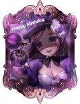  1girl absurdres black_veil bottle breasts brown_hair cleavage cross-shaped_pupils floating_hair flower hair_flower hair_ornament happy_birthday highres identity_v looking_at_object medium_breasts mole mole_under_eye perfume_bottle picture_frame pink_lips portrait puffy_sleeves purple_eyes purple_sleeves raised_inner_eyebrows see-through_clothes see-through_veil smile solo stuffing symbol-shaped_pupils user_kvrg7422 veil veil_over_eyes vera_nair white_flower yarn 
