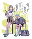  2boys alternate_universe bag black_bow black_bowtie blue_hat blue_lips bow bowtie cardigan cardigan_around_waist cellphone chair charm_(object) clothes_around_waist commentary_request contemporary crossdressing crossdressing_(mtf) desk flip_phone green_lips grey_cardigan gyaru gyro_zeppeli hair_ornament hairclip hat highres hokkyoku_(uuunnoo2) holding holding_phone johnny_joestar jojo_no_kimyou_na_bouken kogal loose_socks male_focus miniskirt multiple_boys open_mouth phone plaid_bow plaid_bowtie plaid_clothes pleated_skirt school_bag school_chair school_desk school_uniform skirt socks steel_ball_run translation_request white_socks 