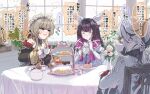  3girls arlecchino_(genshin_impact) black_hair black_sleeves blue_eyes brown_hair cake cake_slice chair closed_eyes closed_mouth coat columbina_(genshin_impact) commentary_request cup cupcake detached_collar detached_sleeves dress drinking eye_mask feathered_wings finger_to_cheek flower food genshin_impact gloves gradient_hair grey_coat head_wings holding holding_cup indoors iwashitsumire long_sleeves looking_at_another mask multicolored_hair multiple_girls multiple_wings on_chair open_mouth pink_hair plant plate potted_plant puff_of_air sandrone_(genshin_impact) short_hair_with_long_locks sitting speech_bubble streaked_hair table tablecloth tea_party teacup teapot tiered_tray translation_request vase white_dress white_gloves white_hair white_headdress white_mask window wings 