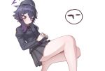  1girl black_skirt blue_archive commentary dokomon english_commentary garrison_cap halo haruka_(blue_archive) hat highres pleated_skirt purple_eyes purple_hair simple_background skirt solo white_background 