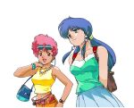  1980s_(style) 1990s_(style) 2girls arms_behind_back backpack bag blue_eyes blue_hair bracelet breasts casual closed_mouth crop_top dark-skinned_female dark_skin day dirty_pair dokite_tsukasa earrings eyewear_on_head handbag highres jewelry kei_(dirty_pair) long_hair midriff multiple_girls navel necklace official_art open_mouth over-rim_eyewear red_eyes red_hair retro_artstyle semi-rimless_eyewear short_hair simple_background smile white_background yuri_(dirty_pair) 