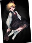  1girl absurdres black_background black_skirt black_vest blonde_hair commentary_request frogsnake full_body highres holding holding_shoes holding_unworn_clothes long_sleeves looking_at_viewer necktie open_mouth red_eyes red_necktie rumia sharp_teeth shirt shoes short_hair simple_background skirt smile socks solo teeth touhou unworn_shoes upper_teeth_only vest white_shirt white_socks 