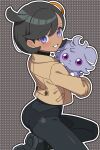 1girl ass black_bodysuit black_hair bodysuit brown_jacket emma_(pokemon) espurr grey_background grin hair_ornament highres holding holding_pokemon jacket looking_at_viewer odorukaminoke pokemon pokemon_(creature) pokemon_legends:_z-a polka_dot polka_dot_background purple_eyes short_hair side_ahoge skin_tight smile soles 