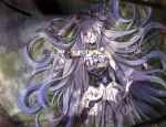  1girl blood broken broken_arm cracked_skin crystal dress gem grey_hair highres hoarah_lux hololive hololive_english koseki_bijou koseki_bijou_(1st_costume) long_hair lying on_back parted_lips purple_eyes severed_arm severed_limb shards solo very_long_hair virtual_youtuber 