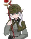  1girl alternate_costume camouflage camouflage_helmet capelet closed_mouth elf frieren green_eyes grey_hair helmet holding holding_staff koalakanru long_hair long_sleeves looking_at_viewer nazi pointy_ears reichsadler runes siegrunen simple_background solo sousou_no_frieren ss_insignia ss_uniform staff staring twintails waffen-ss white_background white_hair 