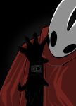  1girl absurdres arthropod_girl chun_grandfa cloak dark_background gun highres hollow_knight hollow_knight:_silksong hornet_(hollow_knight) looking_at_viewer mask red_cloak weapon white_mask 