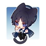  1boy :p akanbe animal_ears beret black_boots black_hair black_shirt black_shorts blue_background blue_hat blue_shawl boots border casual cat_boy cat_ears cat_tail chibi circle_hands collared_shirt contemporary drawstring eyelid_pull eyeliner eyeshadow finger_to_eye full_body genshin_impact gold_necklace hachiimi hand_up hat index_finger_raised jewelry long_sleeves makeup male_focus necklace official_alternate_costume parted_bangs partially_unbuttoned purple_eyes red_eyeliner red_eyeshadow scaramouche_(genshin_impact) shawl shirt shorts single_bare_shoulder single_off_shoulder solo tail tongue tongue_out tsurime undershirt wanderer_(genshin_impact) wanderer_(wanderer_impression)_(genshin_impact) white_border white_shirt white_sleeves white_trim wispy_bangs 