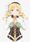  1girl absurdres beret black_hat blonde_hair breasts brown_gloves corset detached_sleeves drill_hair fingerless_gloves gloves hat highres large_breasts long_hair looking_at_viewer magical_girl mahou_shoujo_madoka_magica mahou_shoujo_madoka_magica_(anime) smile solo tomoe_mami twin_drills twintails usazirou539 yellow_eyes 