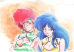  1980s_(style) 2girls blue_hair breasts cleavage dated dirty_pair dokite_tsukasa earrings highres jewelry kei_(dirty_pair) long_hair looking_at_viewer multiple_girls official_art open_mouth red_hair retro_artstyle smile yuri_(dirty_pair) 
