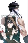  2boys back-to-back bandaged_neck bandages bandages_over_mouth bare_shoulders black_hair black_headband black_sweater brown_eyes brown_hair bun_cover closed_mouth gon012607 hair_bun haku_(naruto) headband highres holding holding_mask holding_weapon long_hair male_focus mask momochi_zabuza multiple_boys muscular muscular_male naruto_(series) pale_skin parted_bangs shirt short_hair sleeveless sleeveless_shirt spiked_hair sweater tan trap turtleneck turtleneck_sweater twitter_username upper_body weapon white_background 